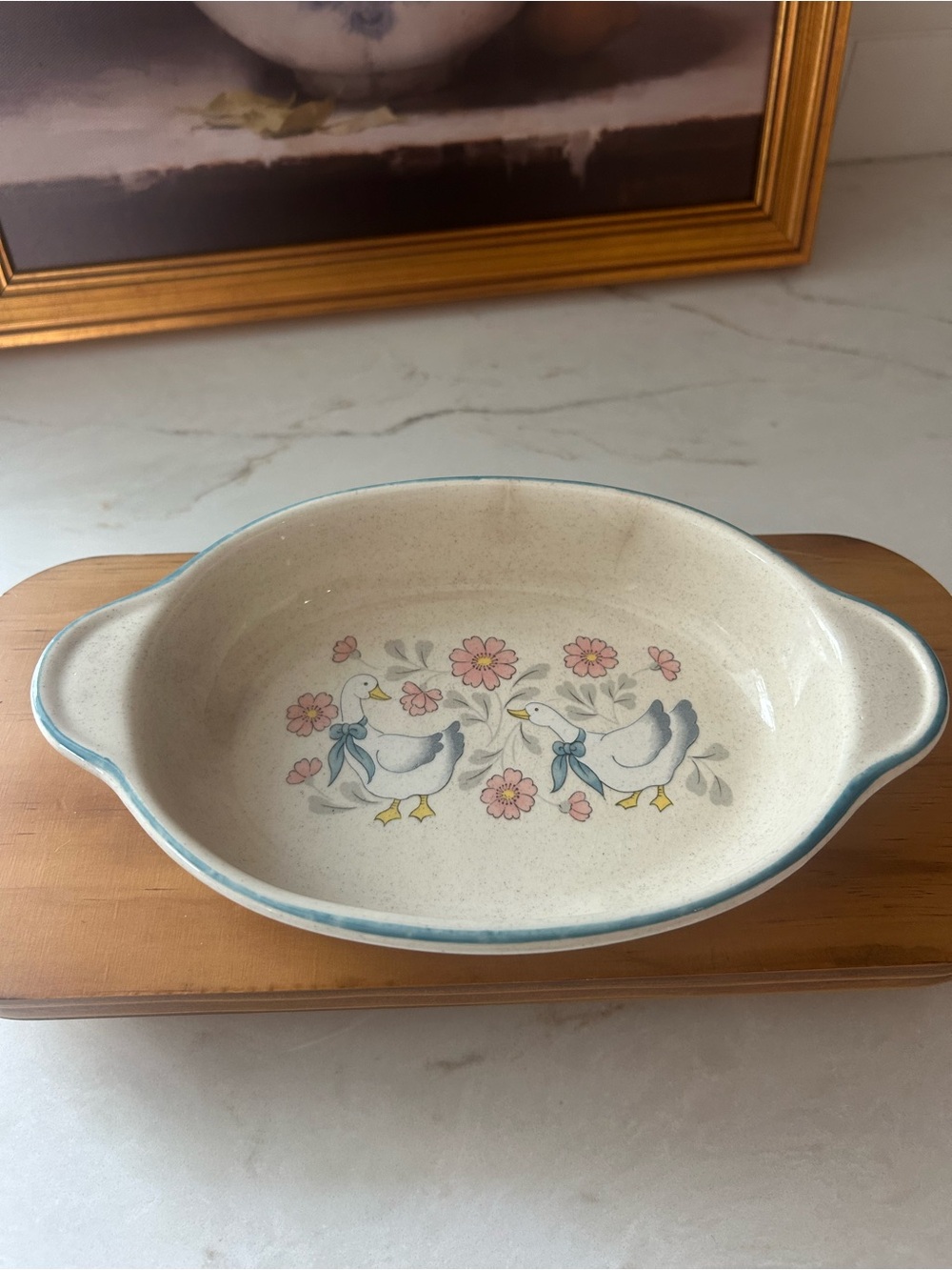 Vintage Japan Goose Floral Ceramic Baking Dish Blue Pink 9” Cottagecore